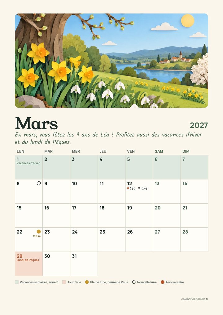 La page de mars du calendrier illustré de la famille Martin : une illustration de printemps, l'anniversaire de Léa le 12, le lundi de Pâques et la pleine lune du 22