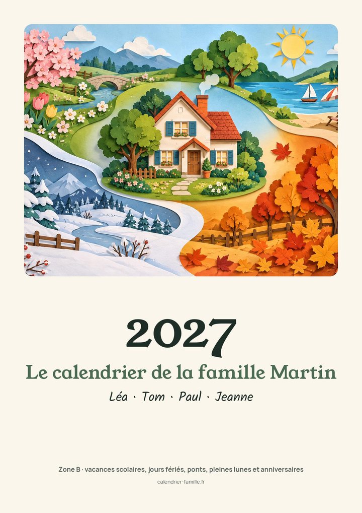 Une couverture du calendrier illustré, style papier découpé