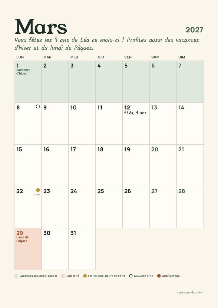La page de mars du calendrier de la famille Martin : de grandes cases, l'anniversaire de Léa, les vacances d'hiver de la zone B, le lundi de Pâques et la pleine lune